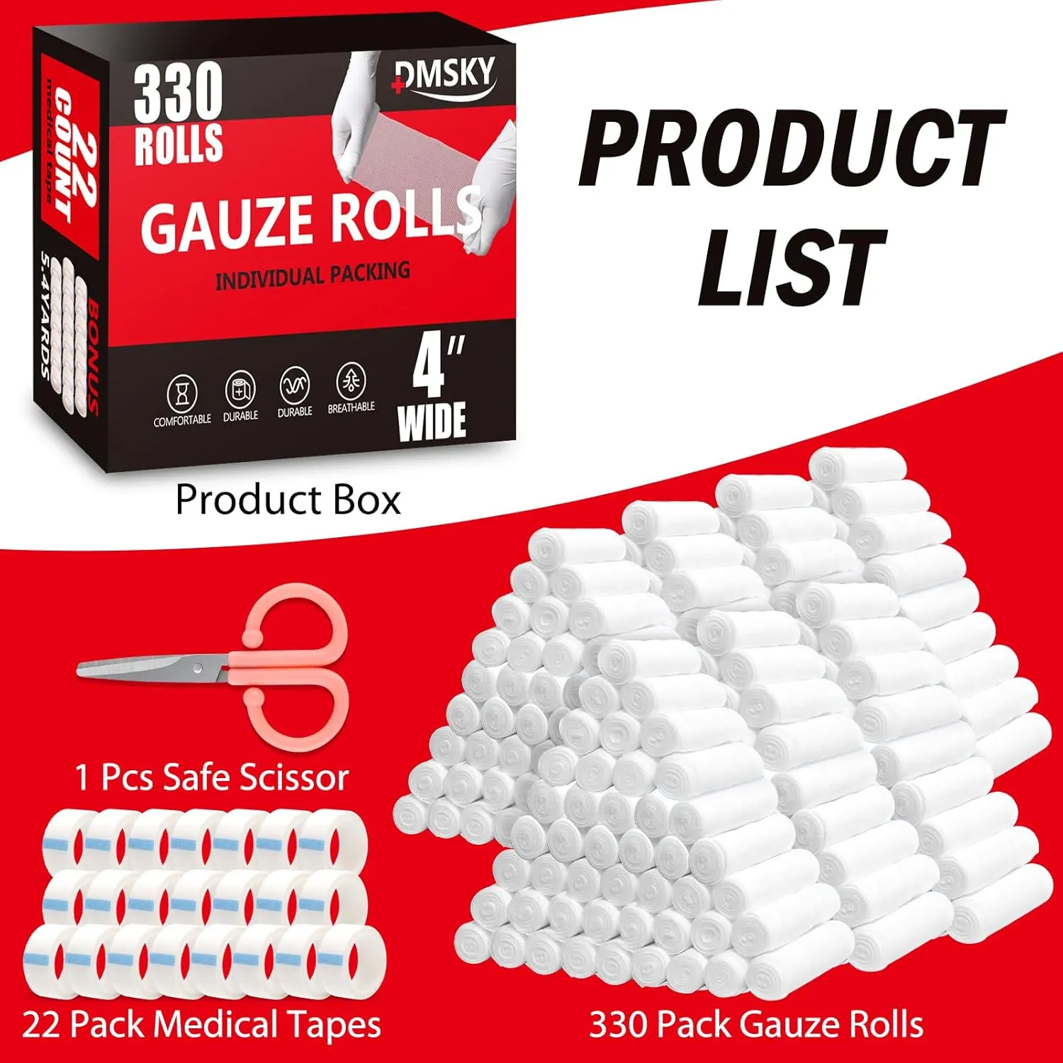 330 Pack Gauze Rolls Bandages, 4 in x 4.1 Yards, Individually Wrapped Breathable Rolled Gauze, Premium First Aid Supplies & Medical Supplies for Wounds
