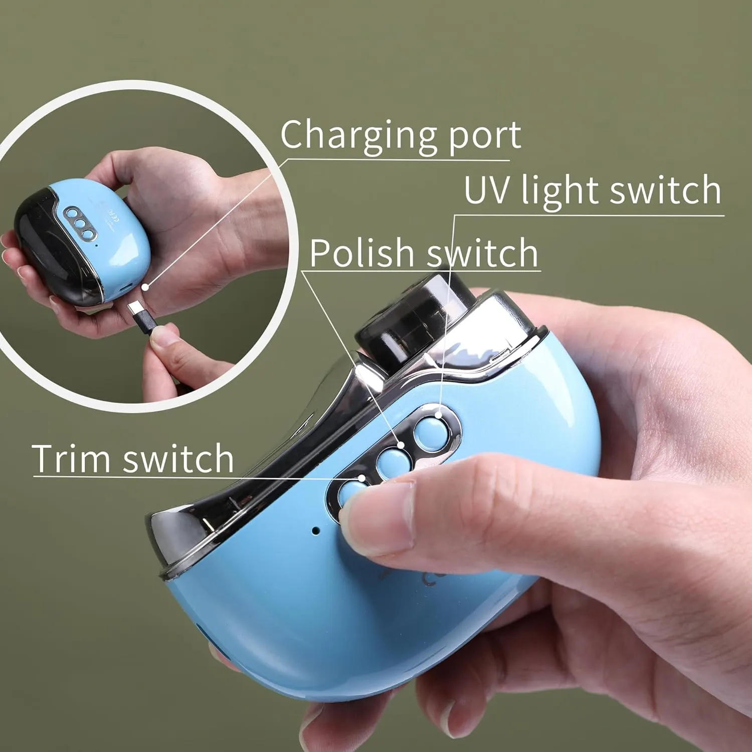 4-in-1 Automatic Electric Nail Clipper with UV Lamp & Polisher, 3-Speed USB Rechargeable Trimmer for Seniors – Safe Nail Filer Gift for Parents Blue