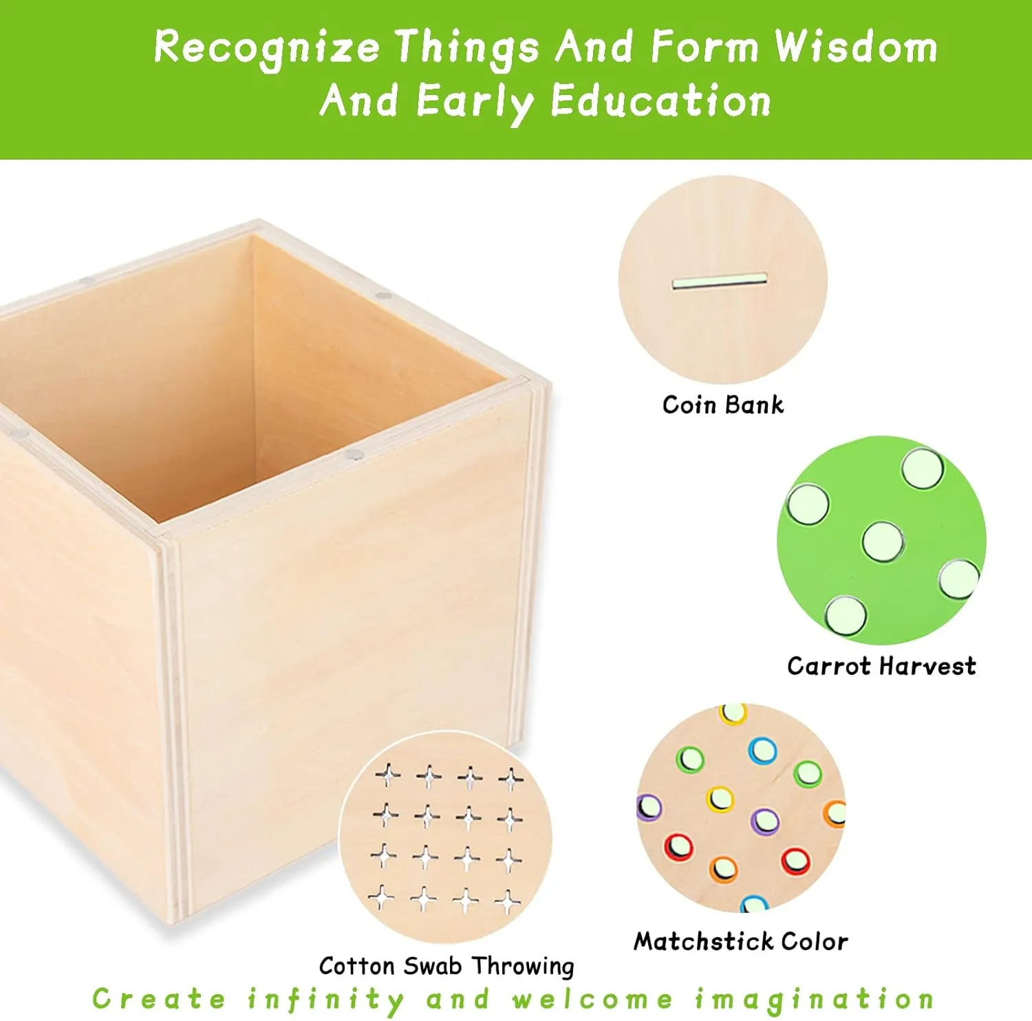 4-in-1 Montessori Wooden Play Kit for 1  Year Old - Carrot Harvest Games, Infant Coin Box, Fine Motor Skills Toys and Cotton Swab Drop Game Box, Gift for Babies 6-12 Months