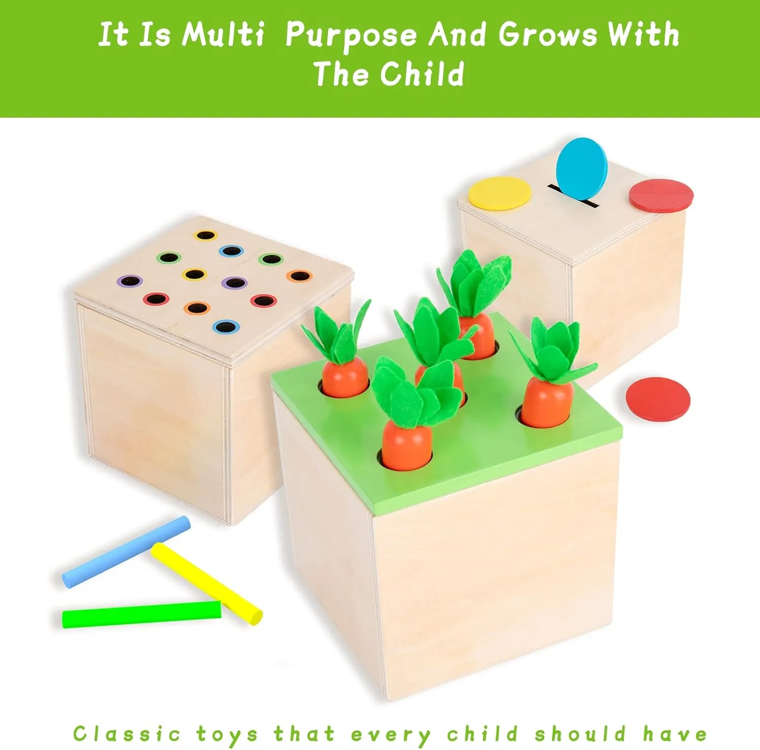 4-in-1 Montessori Wooden Play Kit for 1  Year Old - Carrot Harvest Games, Infant Coin Box, Fine Motor Skills Toys and Cotton Swab Drop Game Box, Gift for Babies 6-12 Months