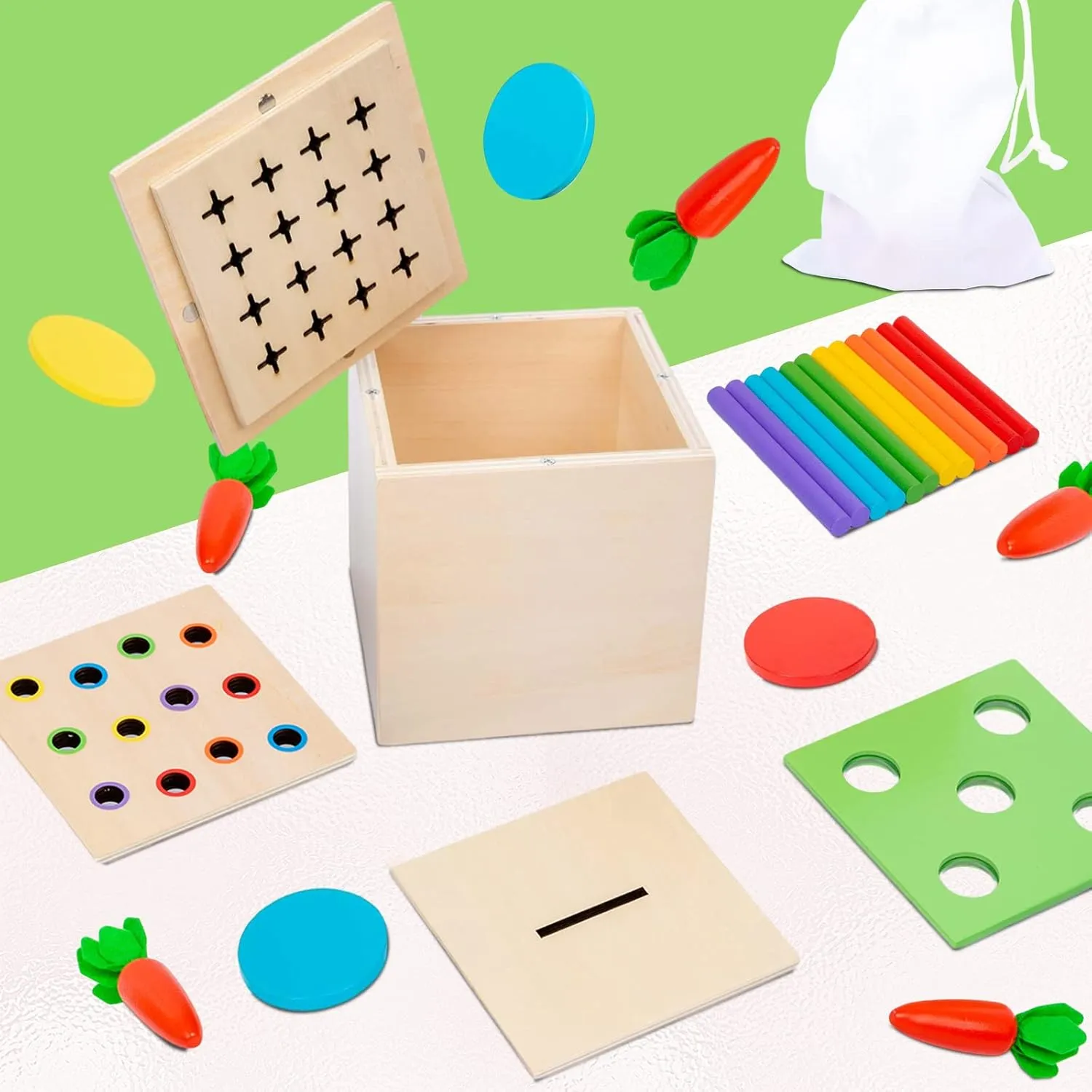 4-in-1 Montessori Wooden Play Kit for 1  Year Old - Carrot Harvest Games, Infant Coin Box, Fine Motor Skills Toys and Cotton Swab Drop Game Box, Gift for Babies 6-12 Months