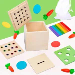 4-in-1 Montessori Wooden Play Kit for 1  Year Old - Carrot Harvest Games, Infant Coin Box, Fine Motor Skills Toys and Cotton Swab Drop Game Box, Gift for Babies 6-12 Months