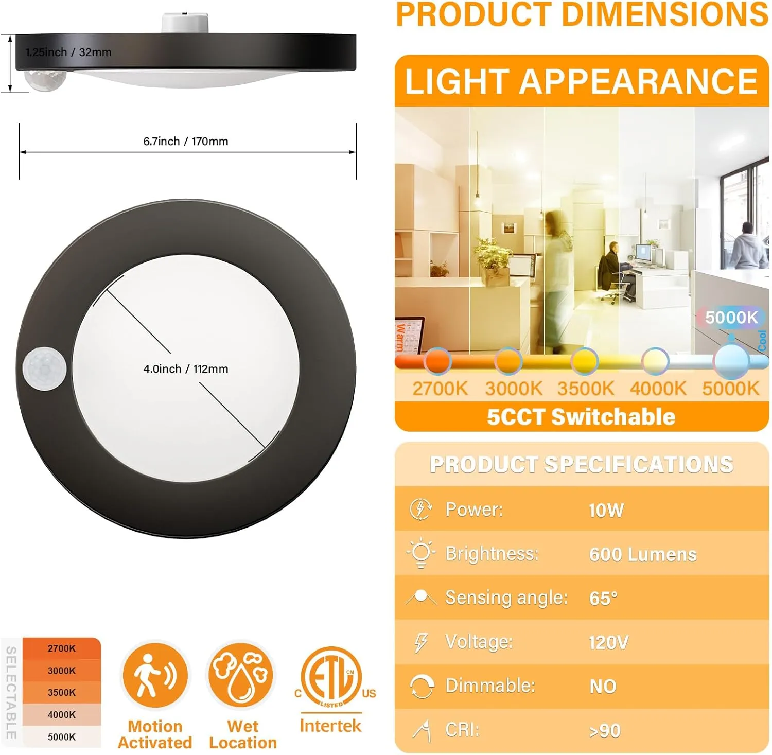 4 Inch Field Selectable 5CCT Black LED Motion Sensor Ceiling Light, 120V Wired Closet Light, 10 Watts, 600Lm, CRI80 , Non-dimmable, ETL Certified, Wet Location, Round, 4 Packs