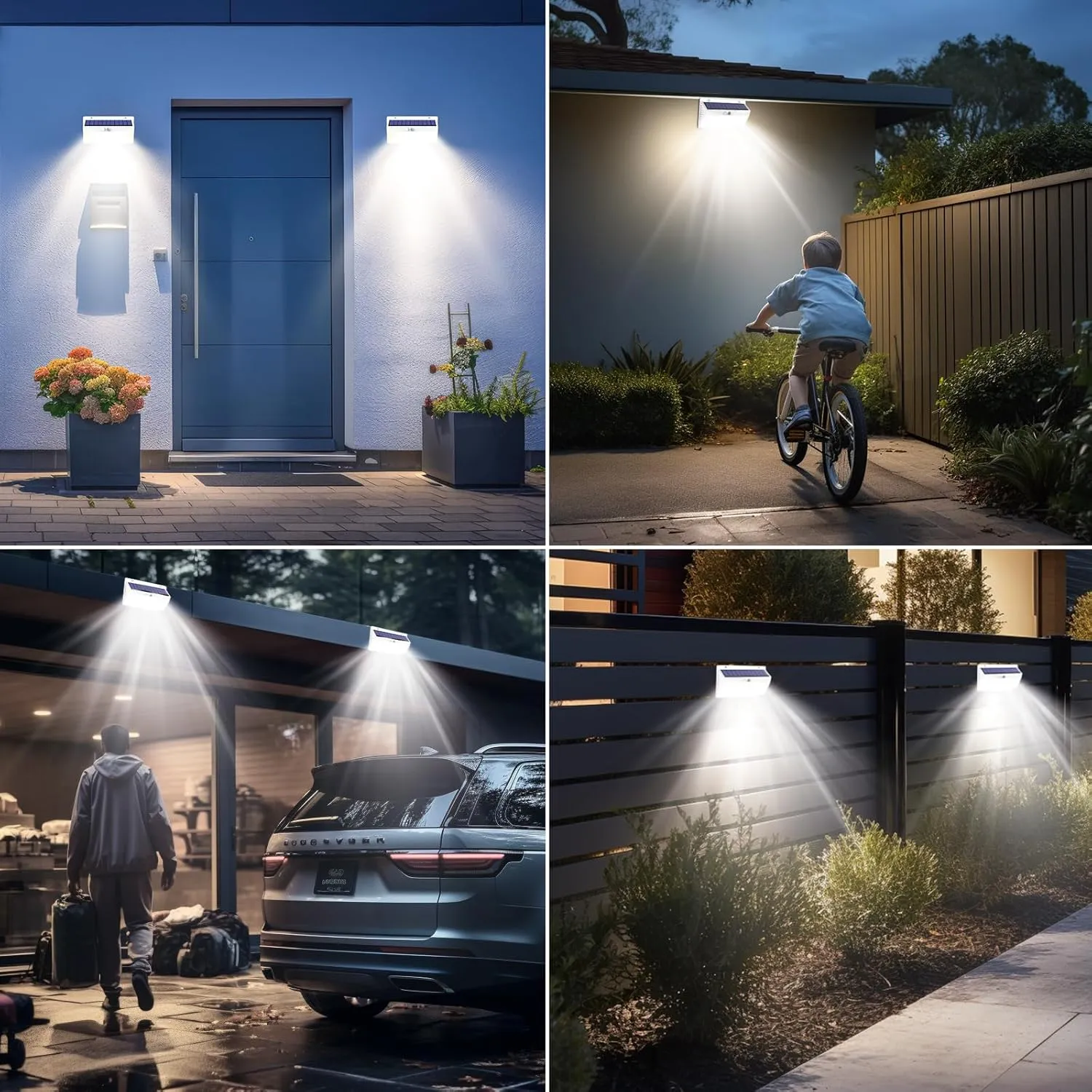 4 Pack 368 LED Solar Lights Outdoor Motion Sensor, Solar Fence Light with 3 Lighting Modes, Solar Powered Security Lights Waterproof for Outside Yard Wall Garden Backyard，White