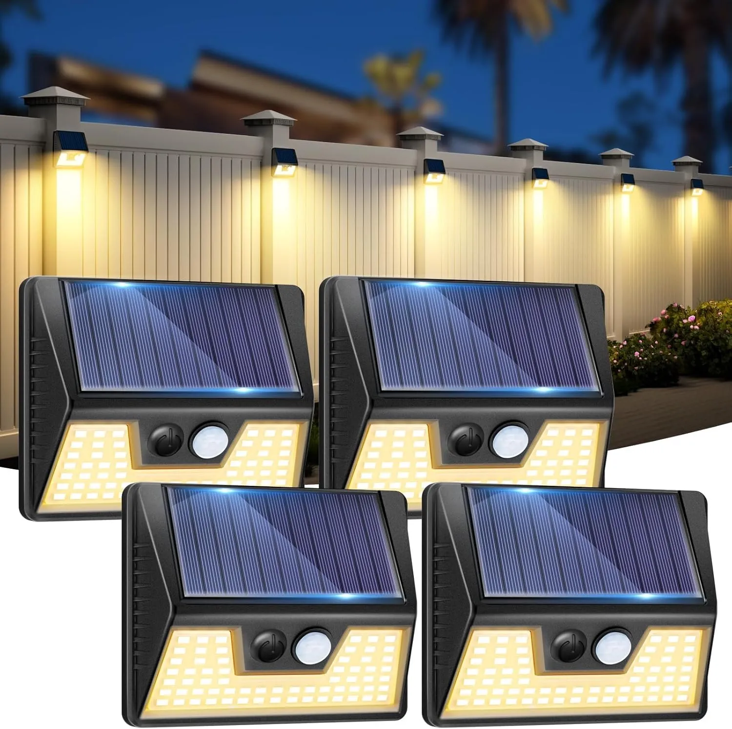 4 Pack Solar Fence Lights Waterproof, Motion Sensor Deck Lights Outdoor, Warm White LED Outside Lights Wireless for Wall Yard Steps Stairs Garden - Black, YHM03A
