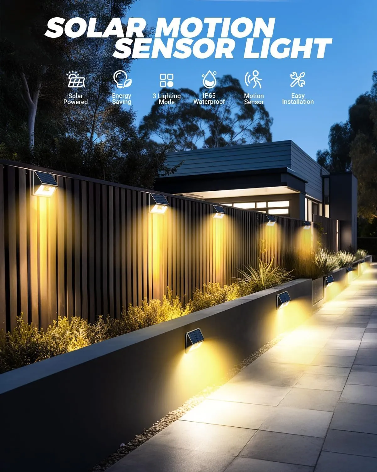 4 Pack Solar Fence Lights Waterproof, Motion Sensor Deck Lights Outdoor, Warm White LED Outside Lights Wireless for Wall Yard Steps Stairs Garden - Black, YHM03A