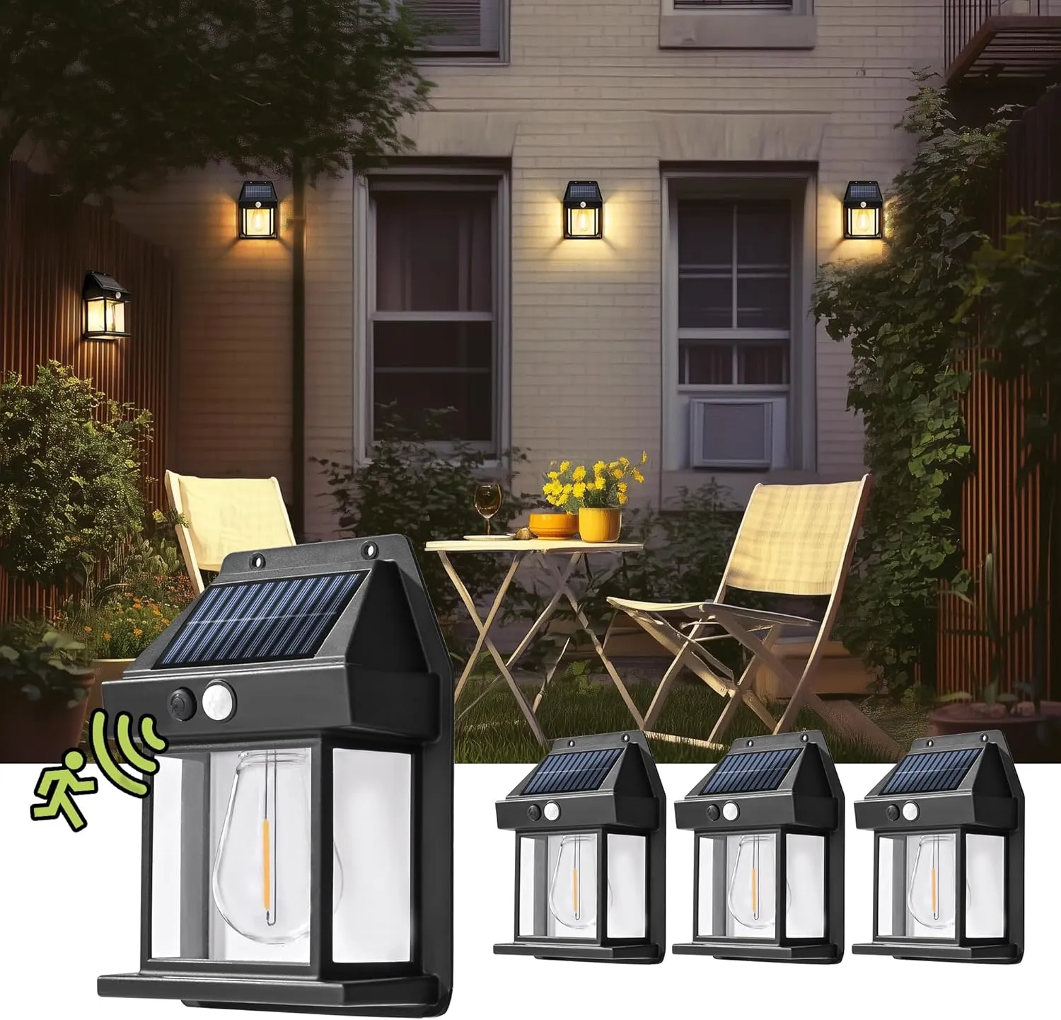 4 Pack Solar Motion Sensor Wall Lights with 3 Lighting Modes, Waterproof Led Solar Powered Wall Lights for Deck, Fence, Garage, Barn, Patio and Yard