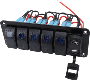 5 Gang Rocker Switch Panel with 4.8A Dual USB and Voltmeter Ideal for 12V to 24V Vehicles