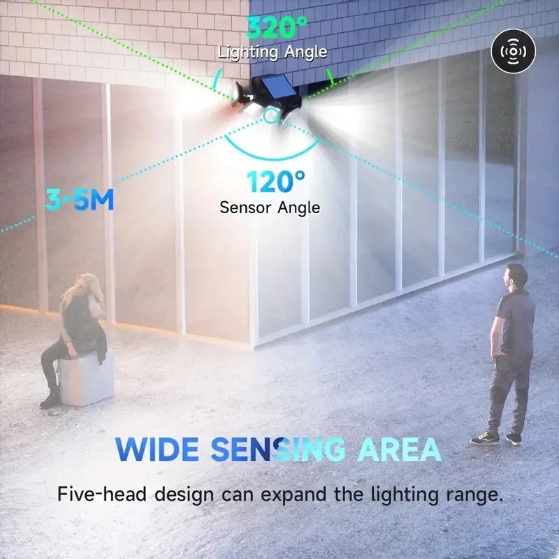 5 Heads Solar 300 LED Light Outdoor Motion Sensor Waterproof Wide-angle Illumination Wall Lamp