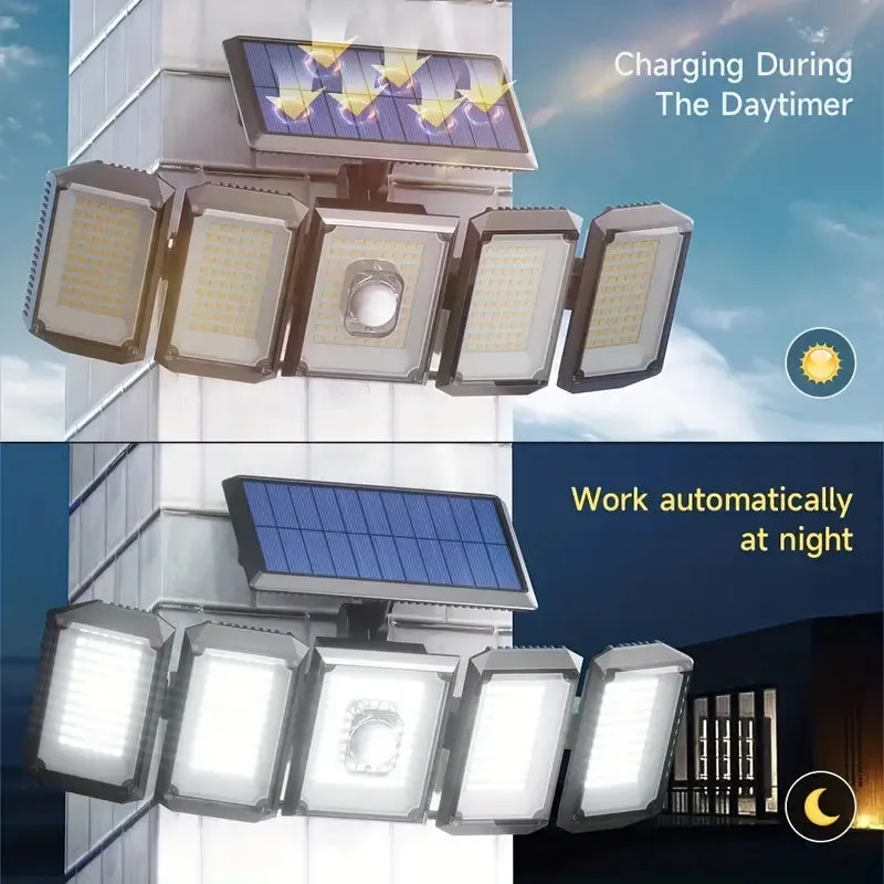 5 Heads Solar 300 LED Light Outdoor Motion Sensor Waterproof Wide-angle Illumination Wall Lamp