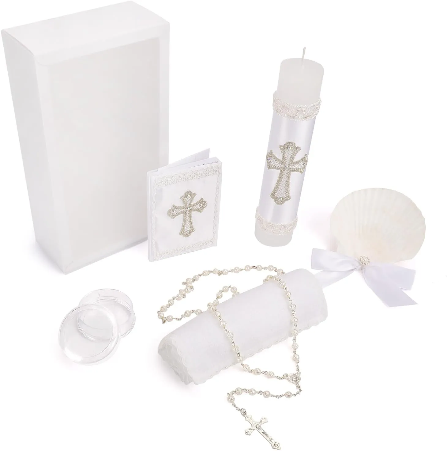5 PCS Baptism Candle Set for Boys and Girls,White Baptism Kit Candle,Towel,Shell,Rosary,Bible for Baptismal Christening First Communion Gift,Velas para Bautizo De Niño o Niña