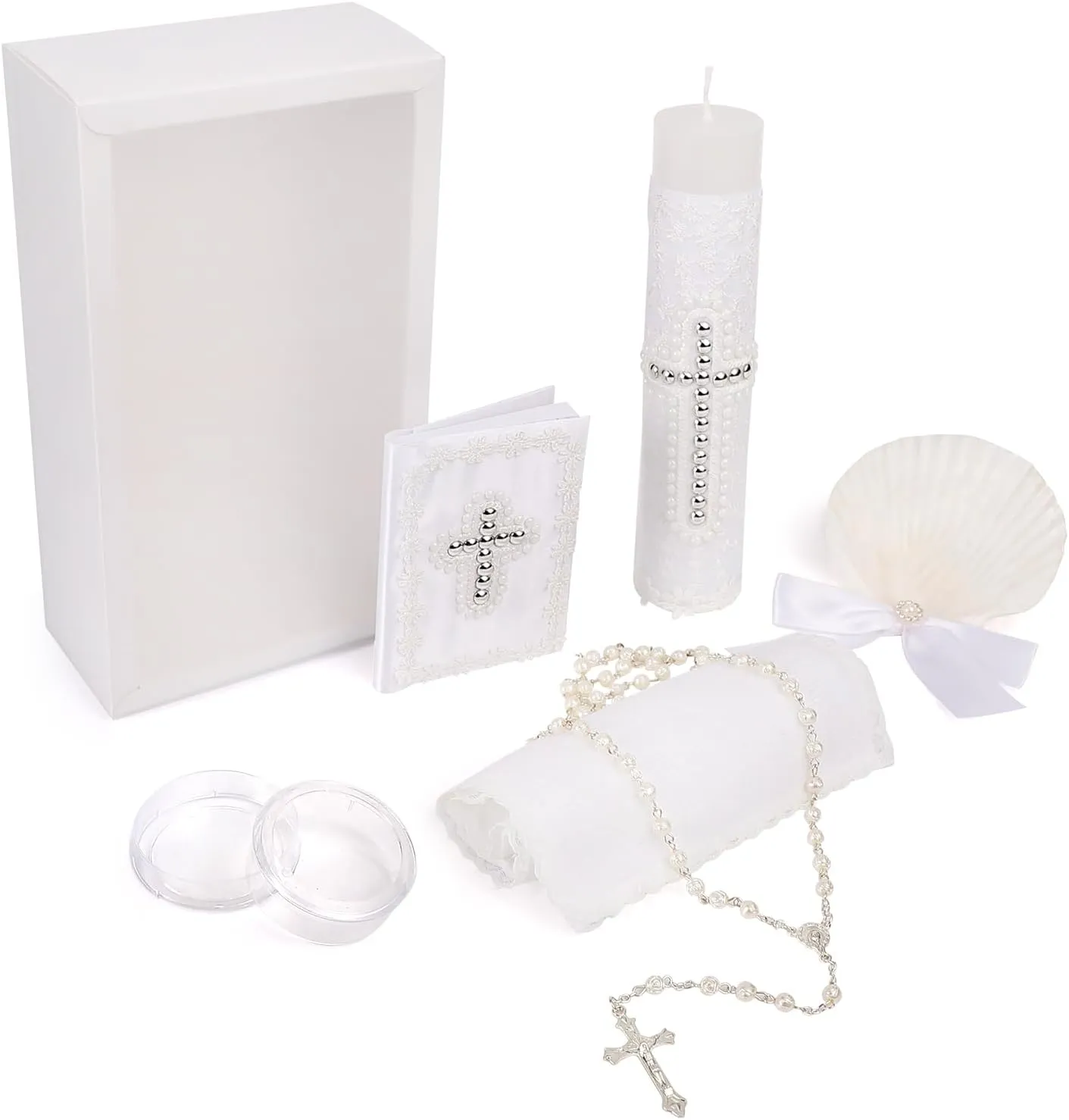 5 PCS Baptism Candle Sets for Boys and Girls,White Baptism Kit Catholic Candl,Towel,Shell,Rosary,Bible for Baptismal Christening First Communion Gift,Velas para Bautizo De Niño o Niña