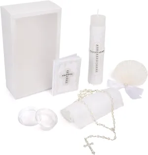 5 PCS Baptism Candle Sets for Boys and Girls,White Baptism Kit Catholic Candl,Towel,Shell,Rosary,Bible for Baptismal Christening First Communion Gift,Velas para Bautizo De Niño o Niña