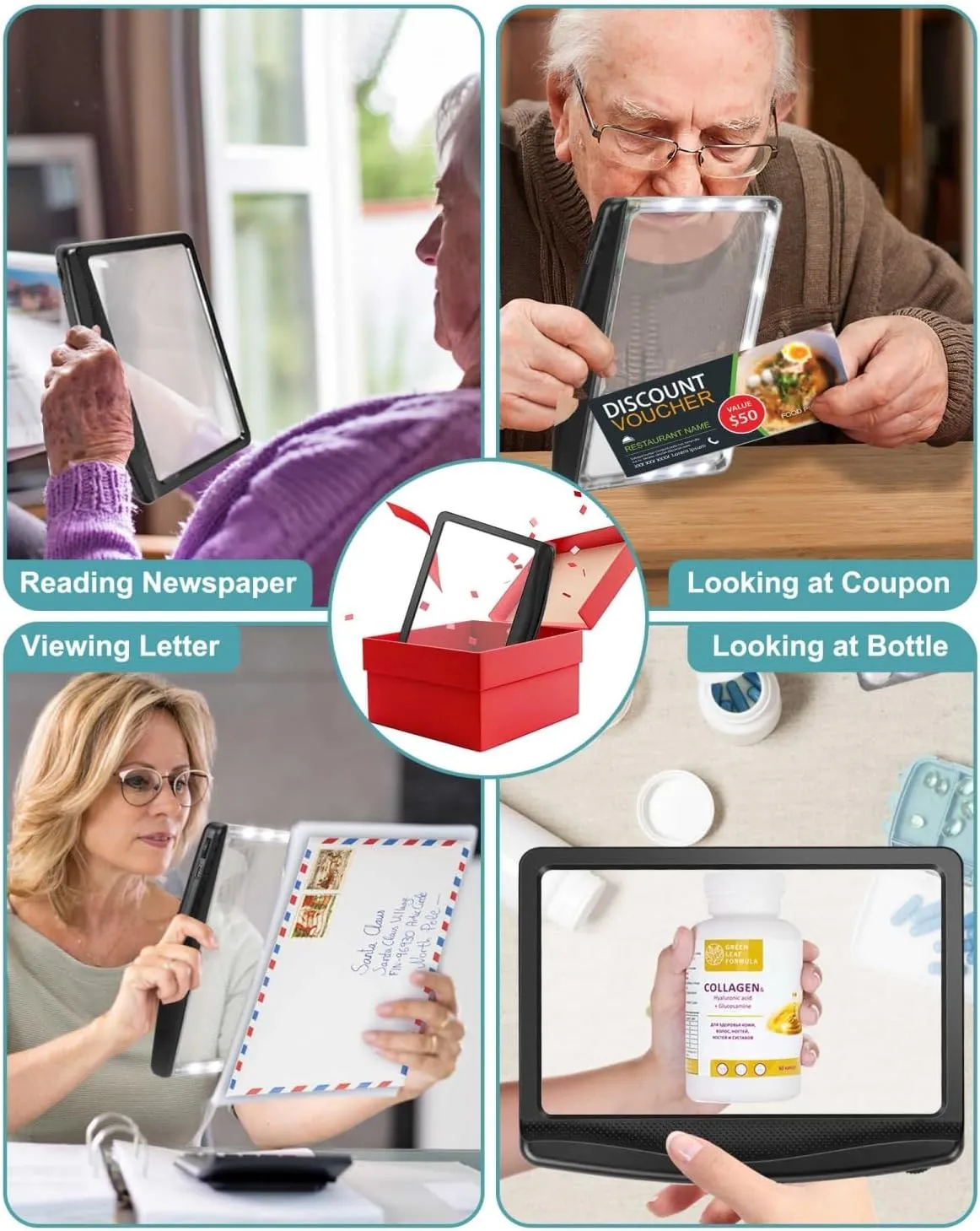 5X Rechargeable Magnifying Glass for Reading, Large Bright LED Lighted Full Page Magnifier, Lightweight Rectangular Handheld Magnifier with Light for Reading Small Prints for Seniors, Low Vision
