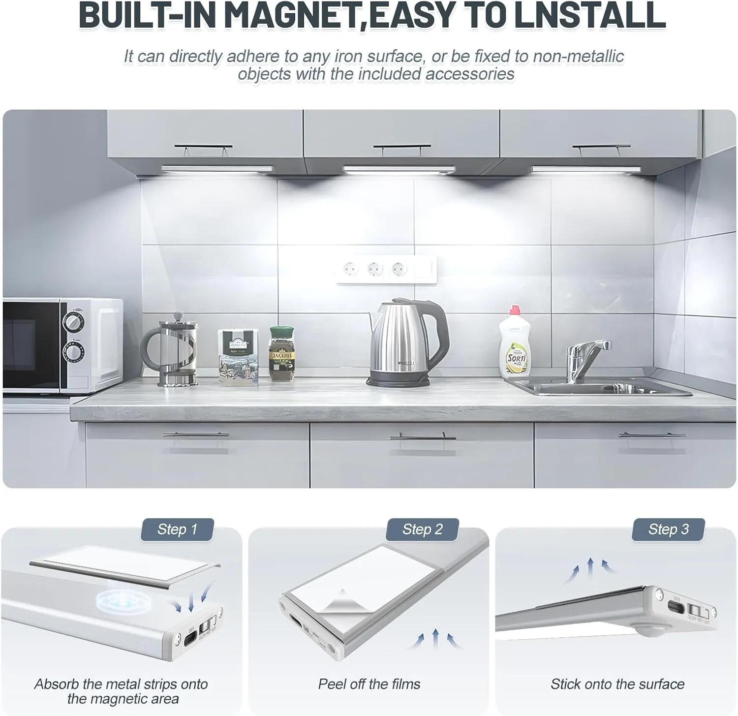6 Pack Under Cabinet Lighting Wireless, 32 LED Rechargeable Battery Motion Sensor Light Indoor, Stick On Magnetic Closet Lights, Under Counter Lights for Kitchen, Stairs, White 8 in