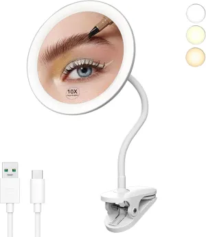 6.5" Clip on Vanity Makeup Mirror with Light, gooseneck Travel Plane Mirror,USB Recharge (White)