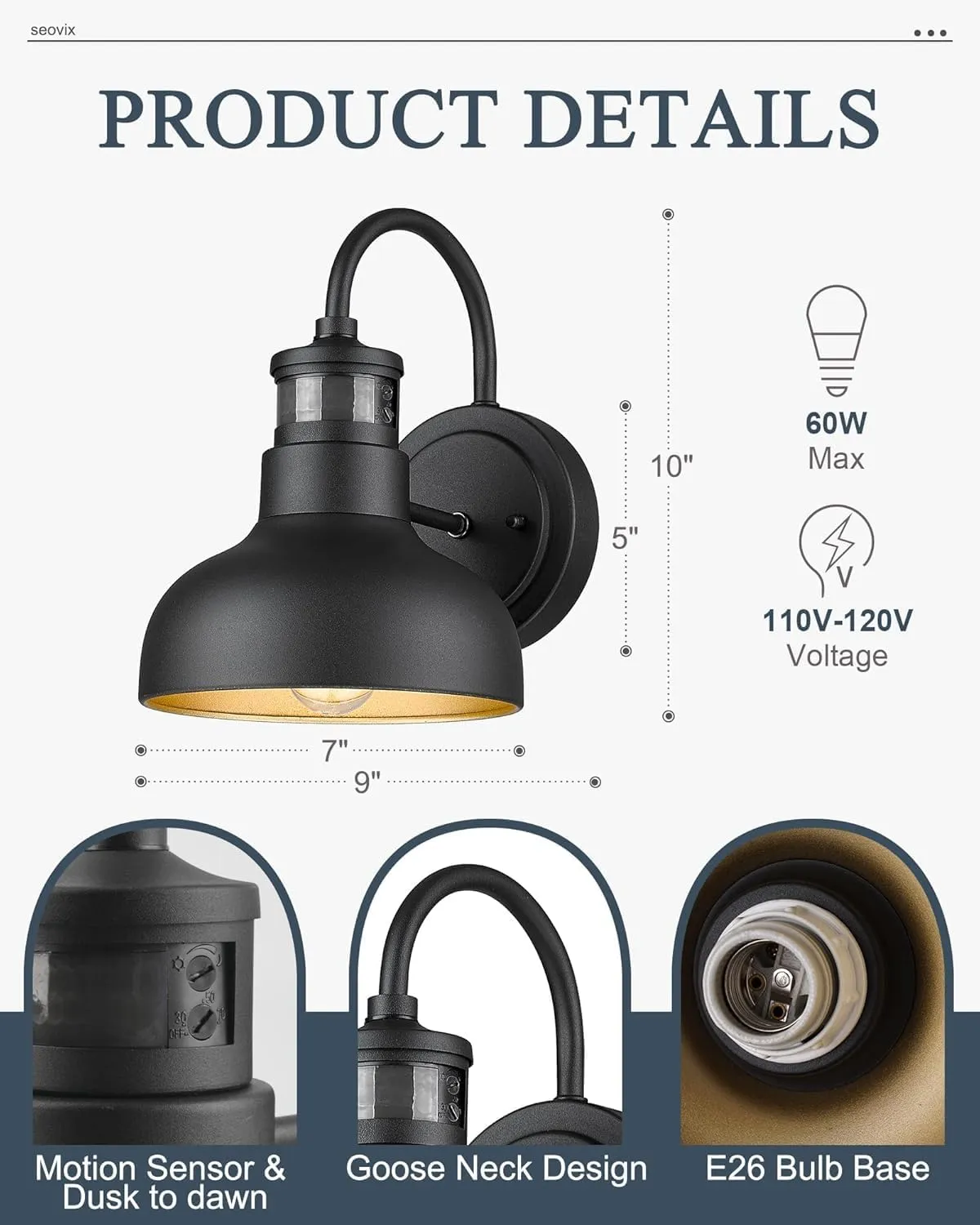 7“ Motion Sensor Outdoor Lights, Outdoor Light Fixture Dusk to Dawn with E26 Base Socket, IP65 Waterproof Outside Wall Light for Barn, Balcony, Entrance, Front Door, Porch, 2210SBK(G)-1