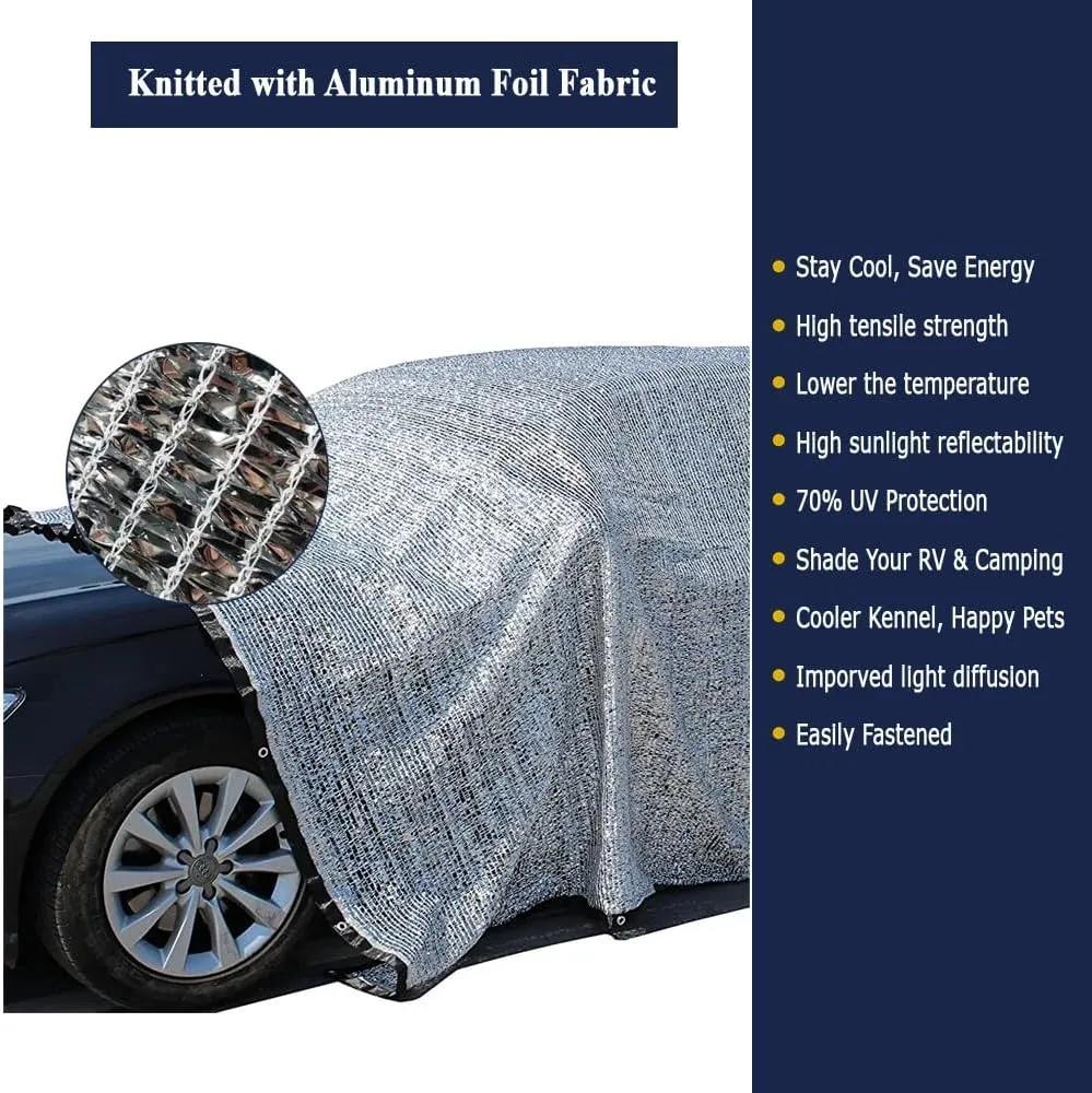 70% Aluminet Shade Cloth Reflective Sun Shade, Heat Blocker for Greenhouses, Cars, Pets, RVs, Outdoor Camping, Breathable and Foldable – Includes Bungees and Storage Bag (10x20 FT)