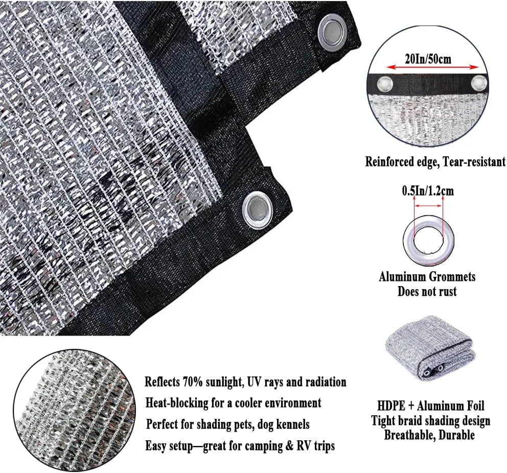 70% Aluminet Shade Cloth Reflective Sun Shade, Heat Blocker for Greenhouses, Cars, Pets, RVs, Outdoor Camping, Breathable and Foldable – Includes Bungees and Storage Bag (10x20 FT)