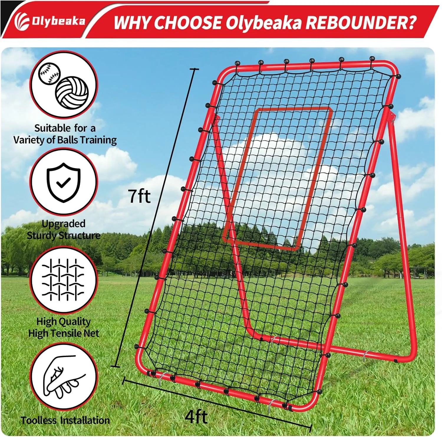 7x4 FT Multi-Sport Rebounder Net for Baseball Volleyball Softball Soccer Lacrosse, Bounce Back Fielding Trainer – Sturdy Steel Frame, Portable with Carry Bag – Great for Team & Solo Training
