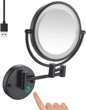 8 Inch Bathroom Mirror Wall Mounted Black, USB Rechargeable Makeup Mirror Two Sided 1X/10X Magnifying Adjustable LED Light Touch Screen Shaving Mirror 360° Swivel Vanity Mirror