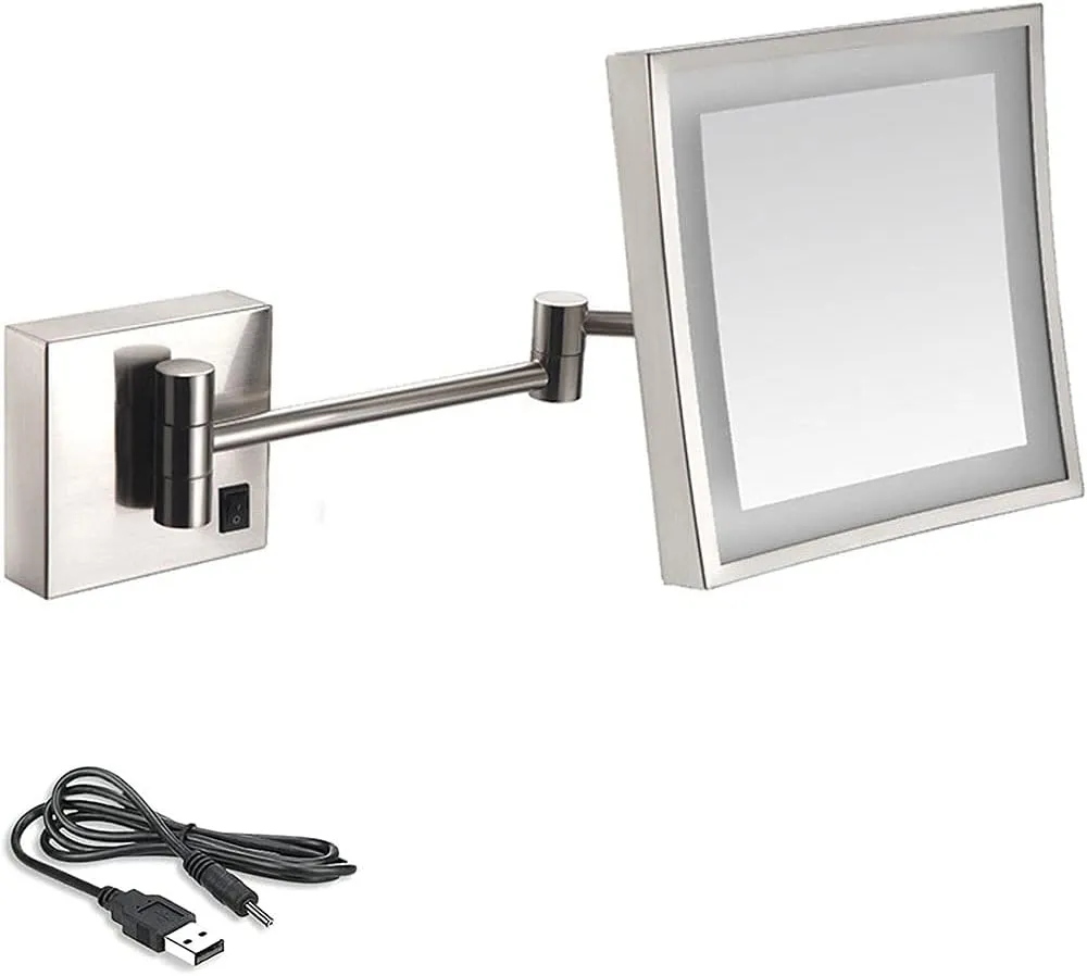 8 Inch Bathroom Mirror Wall Mounted, USB Rechargeable Makeup Mirror 3x Magnification Shaving Mirror 180° Swivel Vanity Mirror LED Lighted Wall Mounted Mirrors Square Cosmetic Mirror (Nickel Brushed )