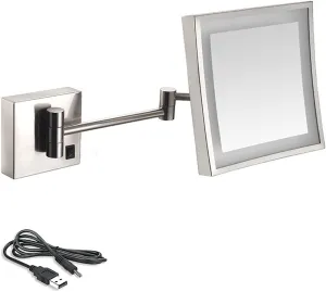 8 Inch Bathroom Mirror Wall Mounted, USB Rechargeable Makeup Mirror 3x Magnification Shaving Mirror 180° Swivel Vanity Mirror LED Lighted Wall Mounted Mirrors Square Cosmetic Mirror (Nickel Brushed )