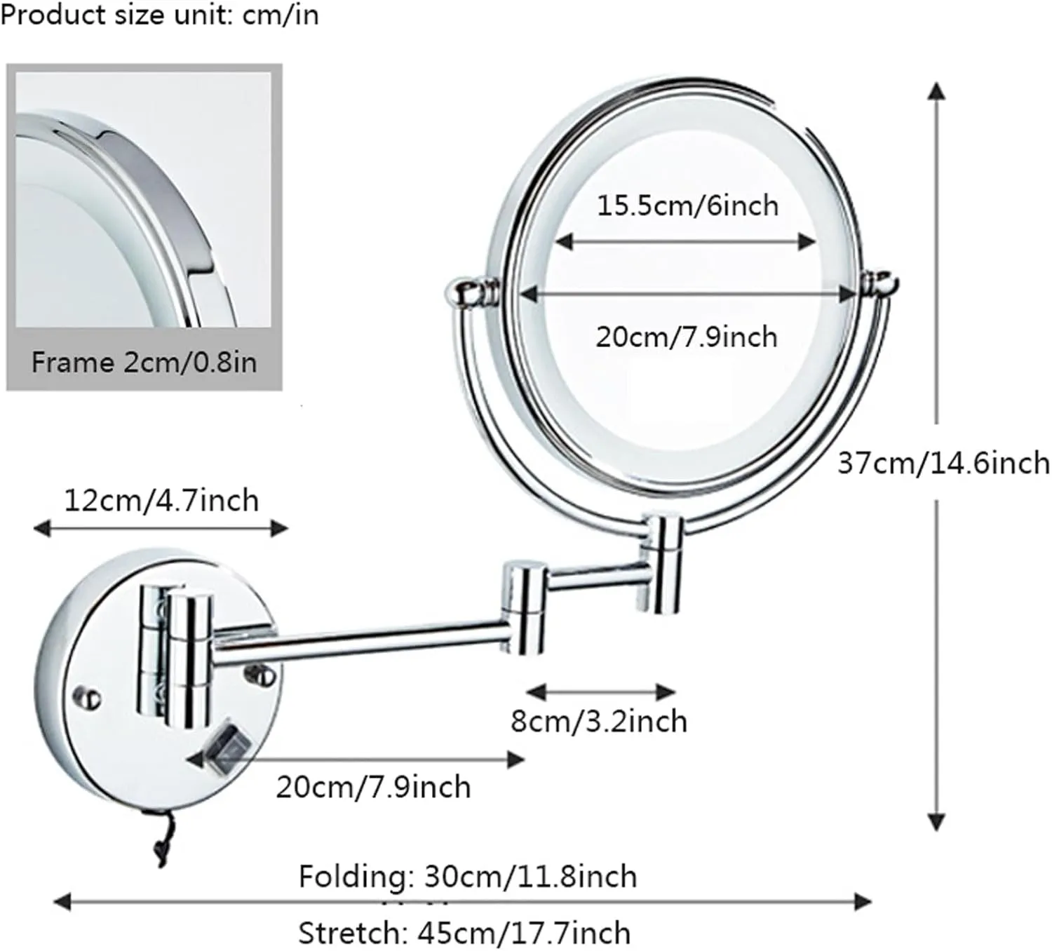 8-inch Makeup Mirror Wall Mounted, Double-Sided Cosmetic Mirror with Light, Lighted Wall Mounted Makeup Mirror Shaving Mirror, Magnifying,Mirror, Bathroom Mirror