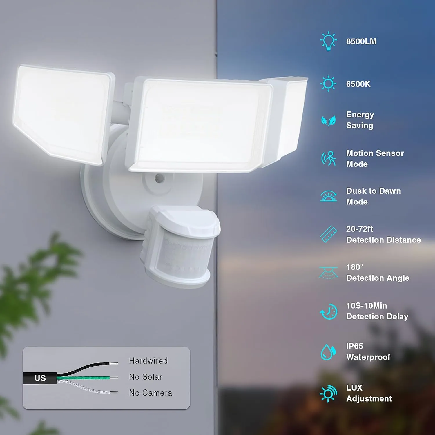 85W LED Security Lights Motion Sensor Light Outdoor, 8500LM Dusk to Dawn, IP65 Waterproof, 6500K, 3 Head Motion Detected Flood Light, Floodlight for Outside, Garage, Yard, Porch (White)