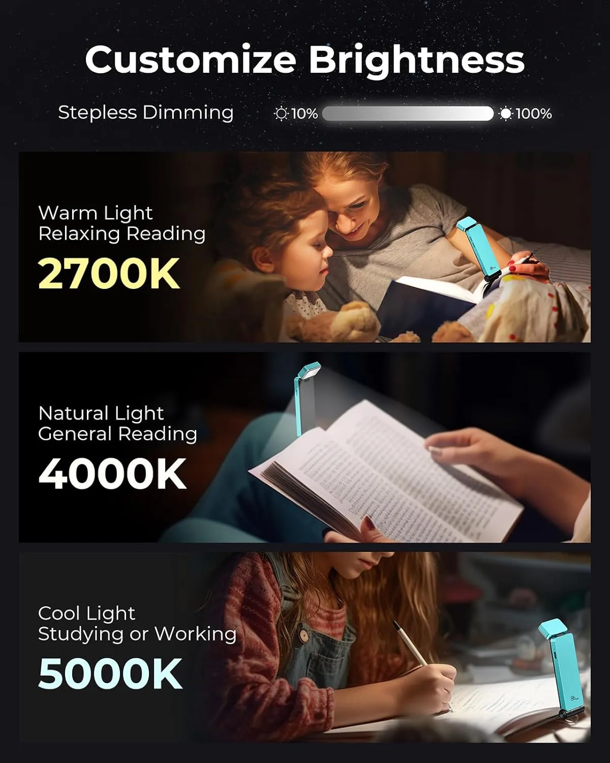 86lux Book Light, Rechargeable Clip-On LED Reading Light for Bed & Night Use - 3 Color Temperatures with Stepless Dimming, Ultralight Bookmark Design for Kids, Book Lovers, Cyan