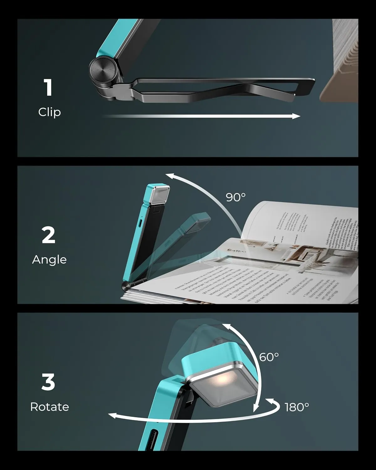 86lux Book Light, Rechargeable Clip-On LED Reading Light for Bed & Night Use - 3 Color Temperatures with Stepless Dimming, Ultralight Bookmark Design for Kids, Book Lovers, Cyan