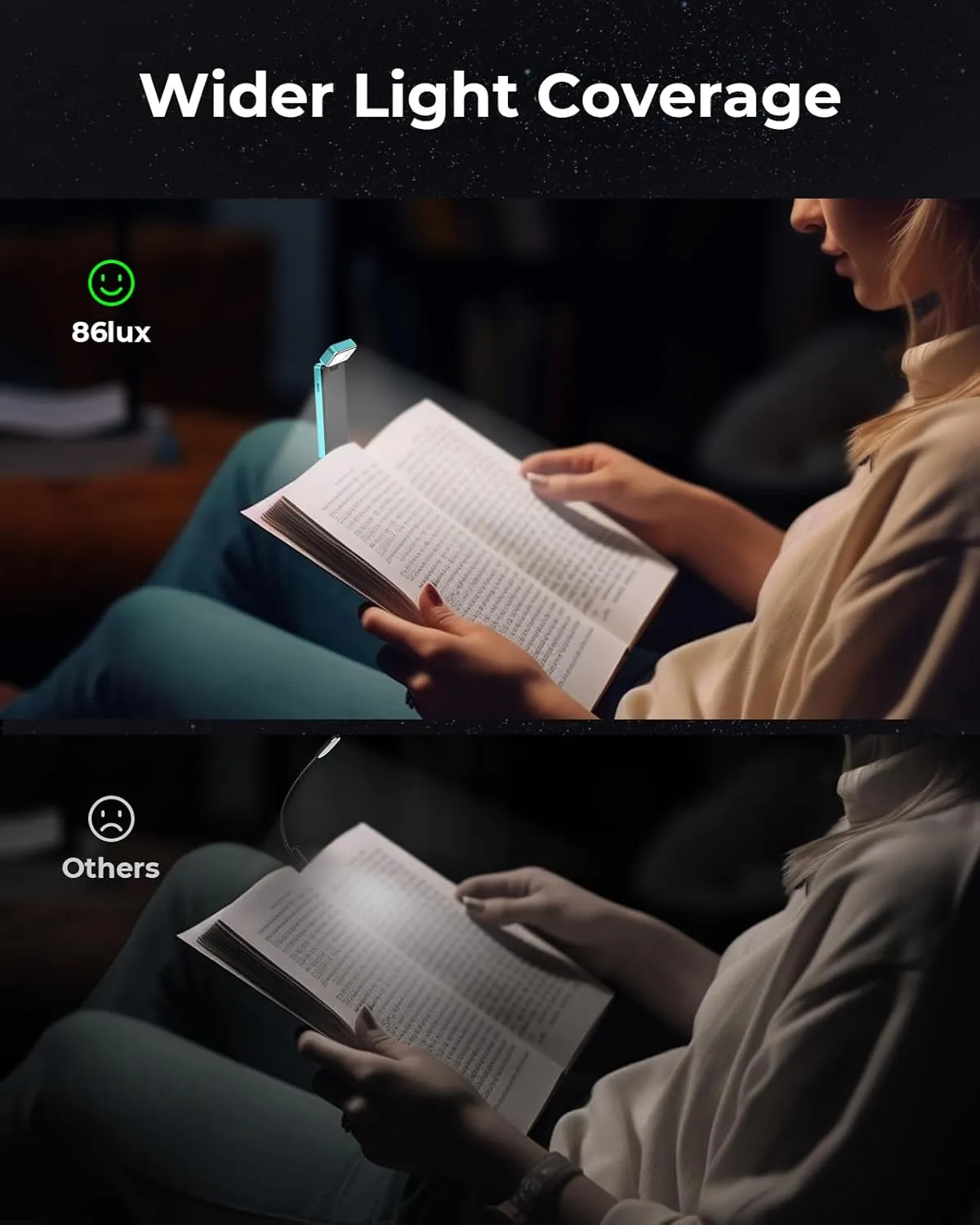 86lux Book Light, Rechargeable Clip-On LED Reading Light for Bed & Night Use - 3 Color Temperatures with Stepless Dimming, Ultralight Bookmark Design for Kids, Book Lovers, Cyan