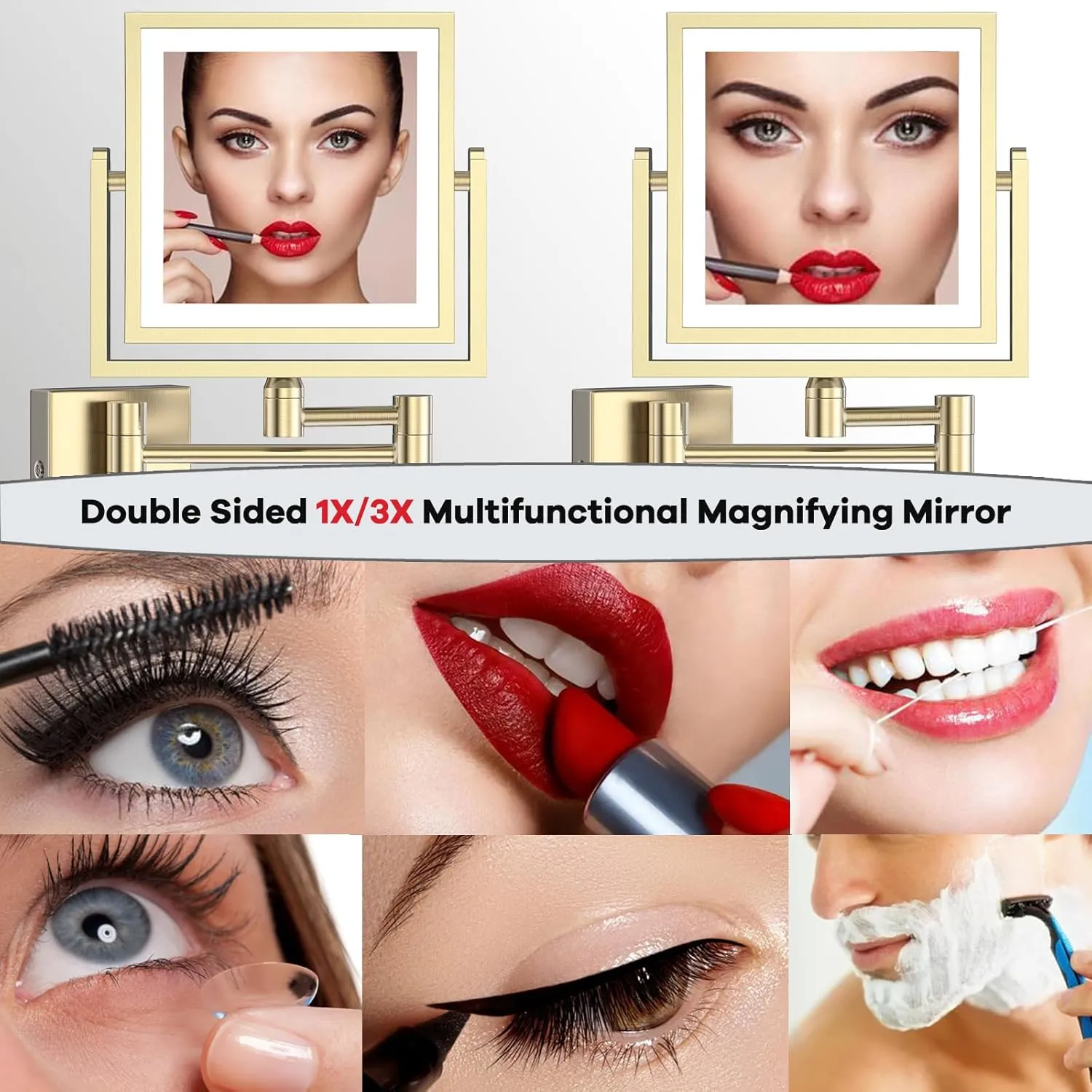 8" Square Wall Mount Makeup Mirror with Lights and Magnification, 1X/3X Double Sided Extendable Bathroom Vanity Mirror with Lights Wall Mounted Magnifying Mirror, Brushed Gold