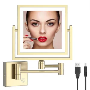 8" Square Wall Mount Makeup Mirror with Lights and Magnification, 1X/3X Double Sided Extendable Bathroom Vanity Mirror with Lights Wall Mounted Magnifying Mirror, Brushed Gold
