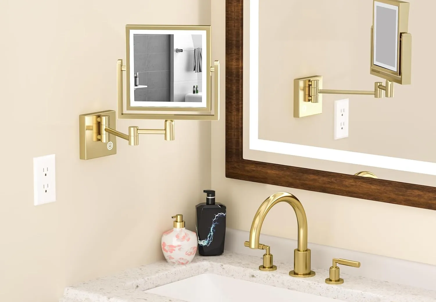 8" Square Wall Mount Makeup Mirror with Lights and Magnification, 1X/3X Double Sided Extendable Bathroom Vanity Mirror with Lights Wall Mounted Magnifying Mirror, Brushed Gold