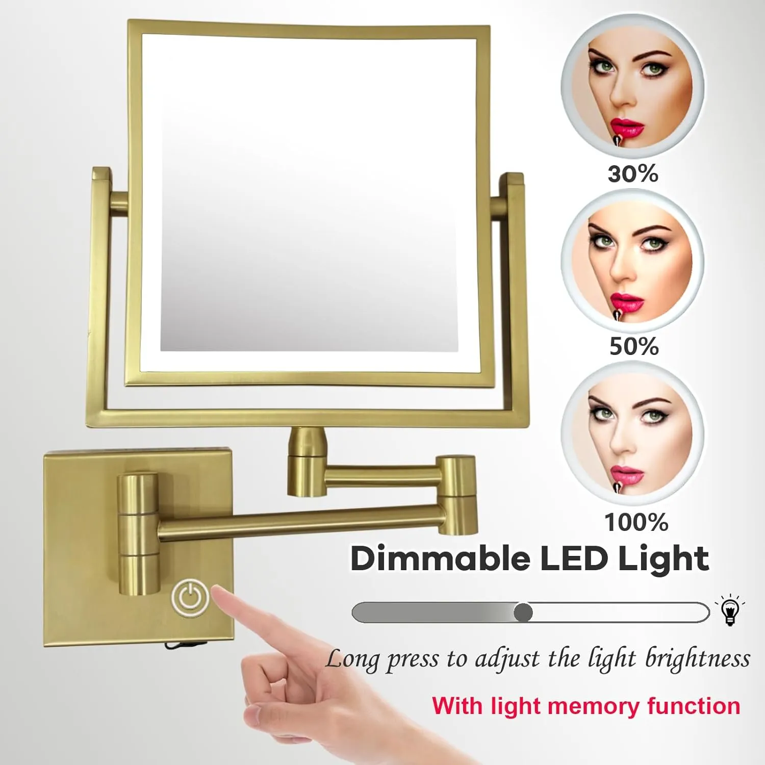 8" Square Wall Mount Makeup Mirror with Lights and Magnification, 1X/3X Double Sided Extendable Bathroom Vanity Mirror with Lights Wall Mounted Magnifying Mirror, Brushed Gold