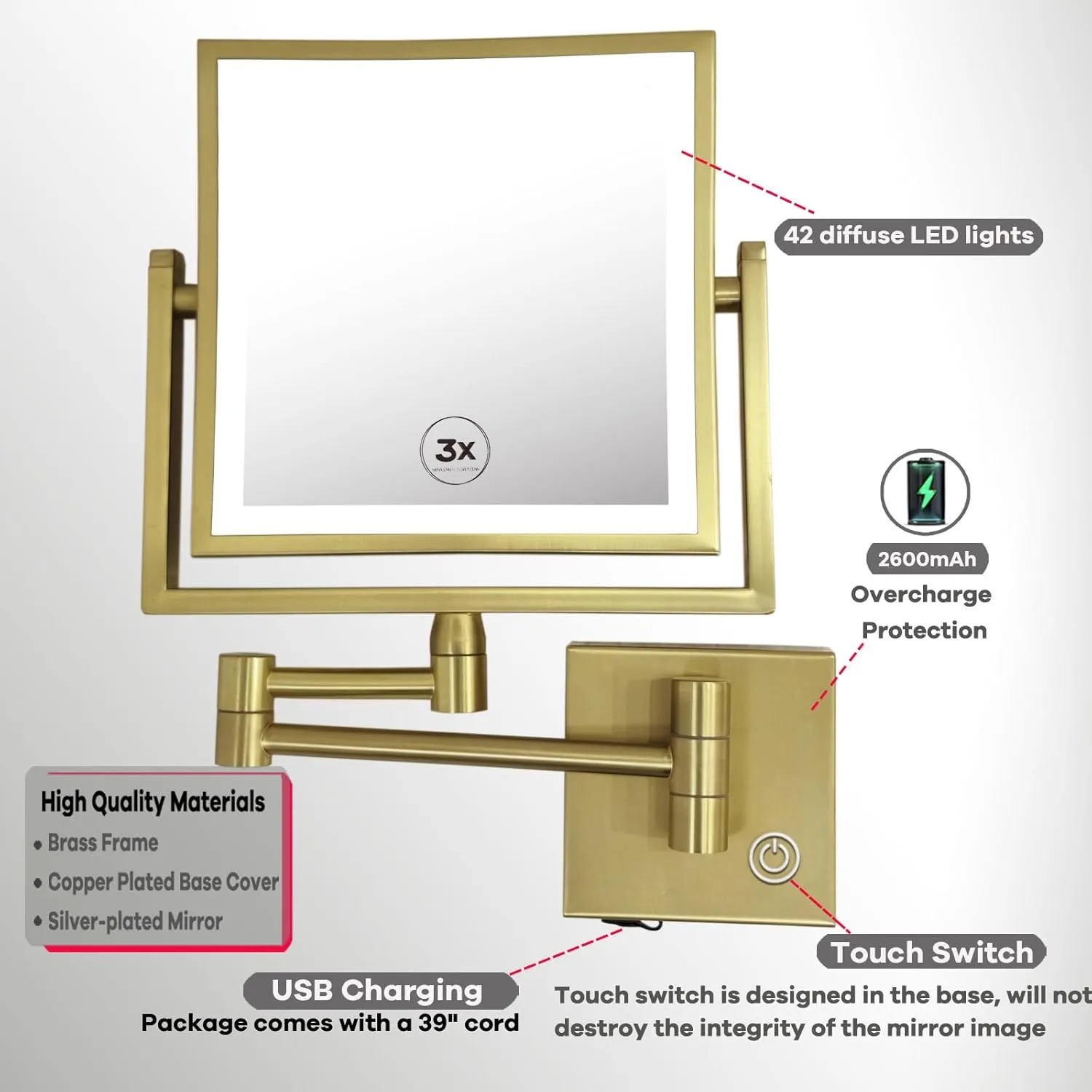 8" Square Wall Mount Makeup Mirror with Lights and Magnification, 1X/3X Double Sided Extendable Bathroom Vanity Mirror with Lights Wall Mounted Magnifying Mirror, Brushed Gold