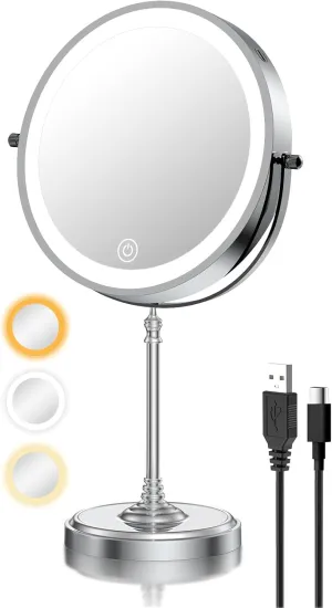 9" 5000mAh Rechargeable Lighted Makeup Mirror with 3 Color Lights Dimmable and 1X/ 10X Magnification for Desk, Magnifying LED Table Light Up Cosmetic Vanity Mirrors Chrome
