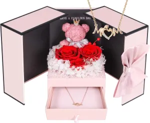 ADDWel Eternal Rose Gift Set with Mom Necklace & Moss Bear - Preserved Real Roses & Unique Birthday Gifts for Mom
