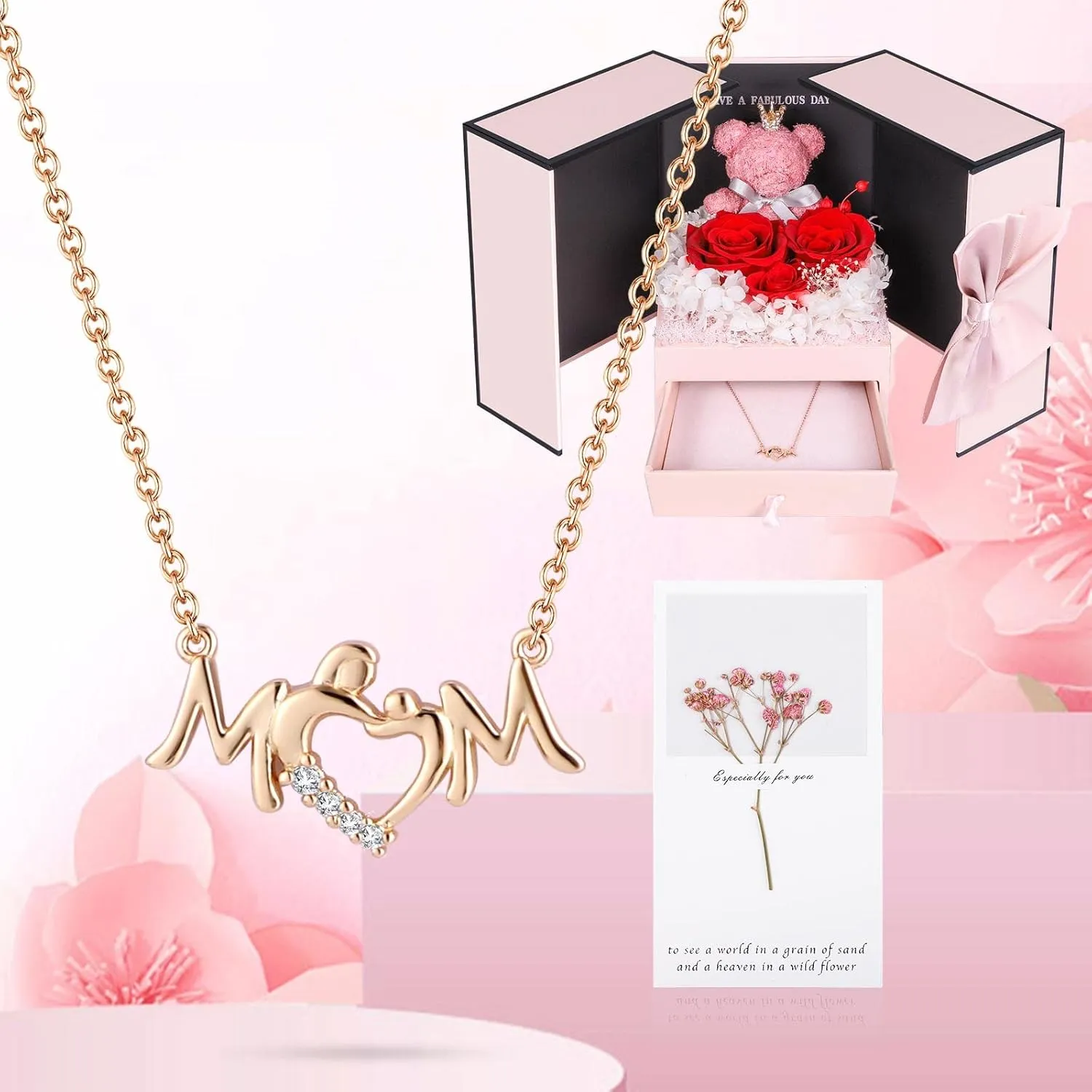 ADDWel Eternal Rose Gift Set with Mom Necklace & Moss Bear - Preserved Real Roses & Unique Birthday Gifts for Mom