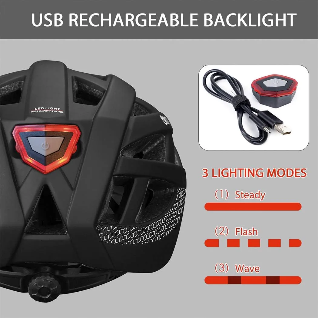 Adult-Men-Women Bike Helmet with Light - Mountain Road Bicycle Helmet with Replacement Pads & Detachable Visor