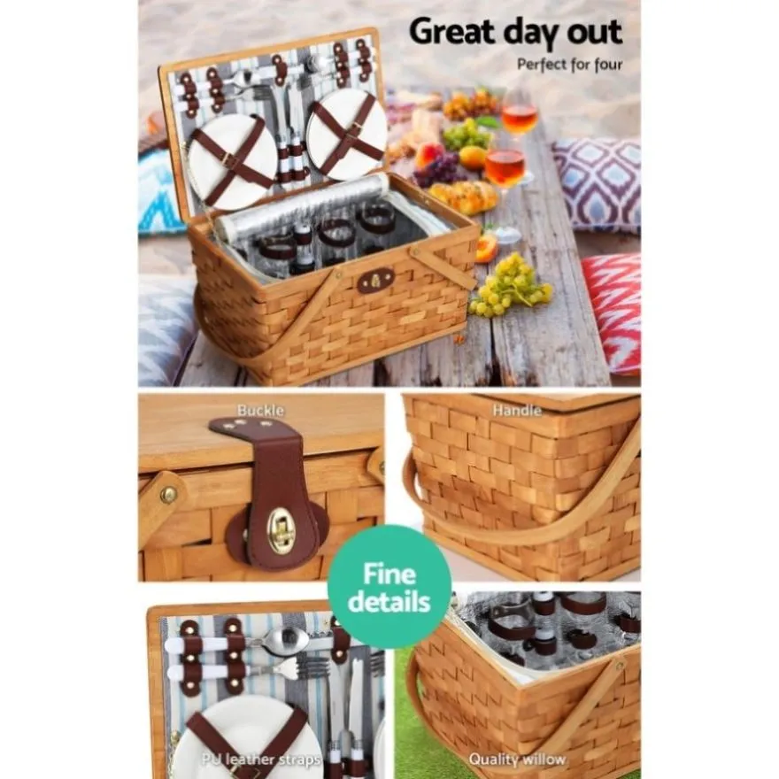 Alfresco 4 Person Picnic Basket Set Wooden Blanket Bag Insulated PICNIC-WOOD-4PPL-COOLER