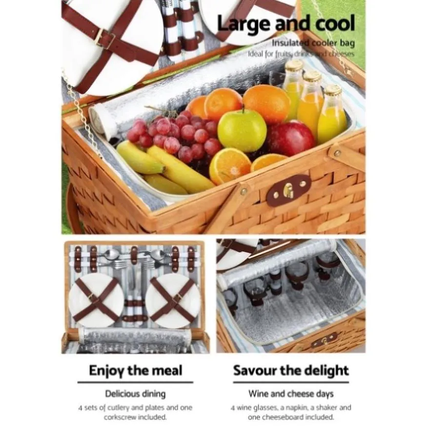 Alfresco 4 Person Picnic Basket Set Wooden Blanket Bag Insulated PICNIC-WOOD-4PPL-COOLER
