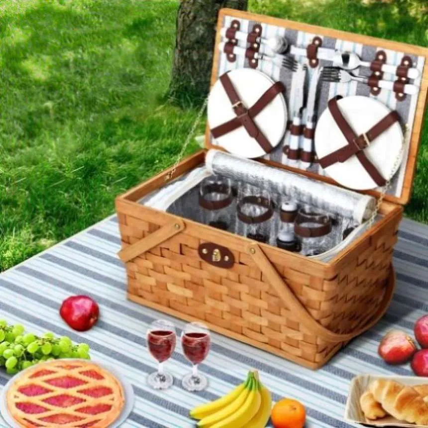 Alfresco 4 Person Picnic Basket Set Wooden Blanket Bag Insulated PICNIC-WOOD-4PPL-COOLER