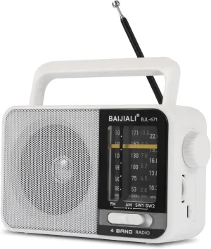 AM FM SW Portable Radio - Dual Power (Battery/USB) Emergency Receiver with Loudspeaker, Transistor Design for Indoor/Outdoor, Travel & Survival Kit Ready (White, BJL-671)