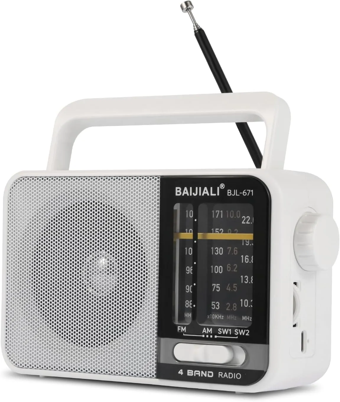 AM FM SW Portable Radio - Dual Power (Battery/USB) Emergency Receiver with Loudspeaker, Transistor Design for Indoor/Outdoor, Travel & Survival Kit Ready (White, BJL-671)