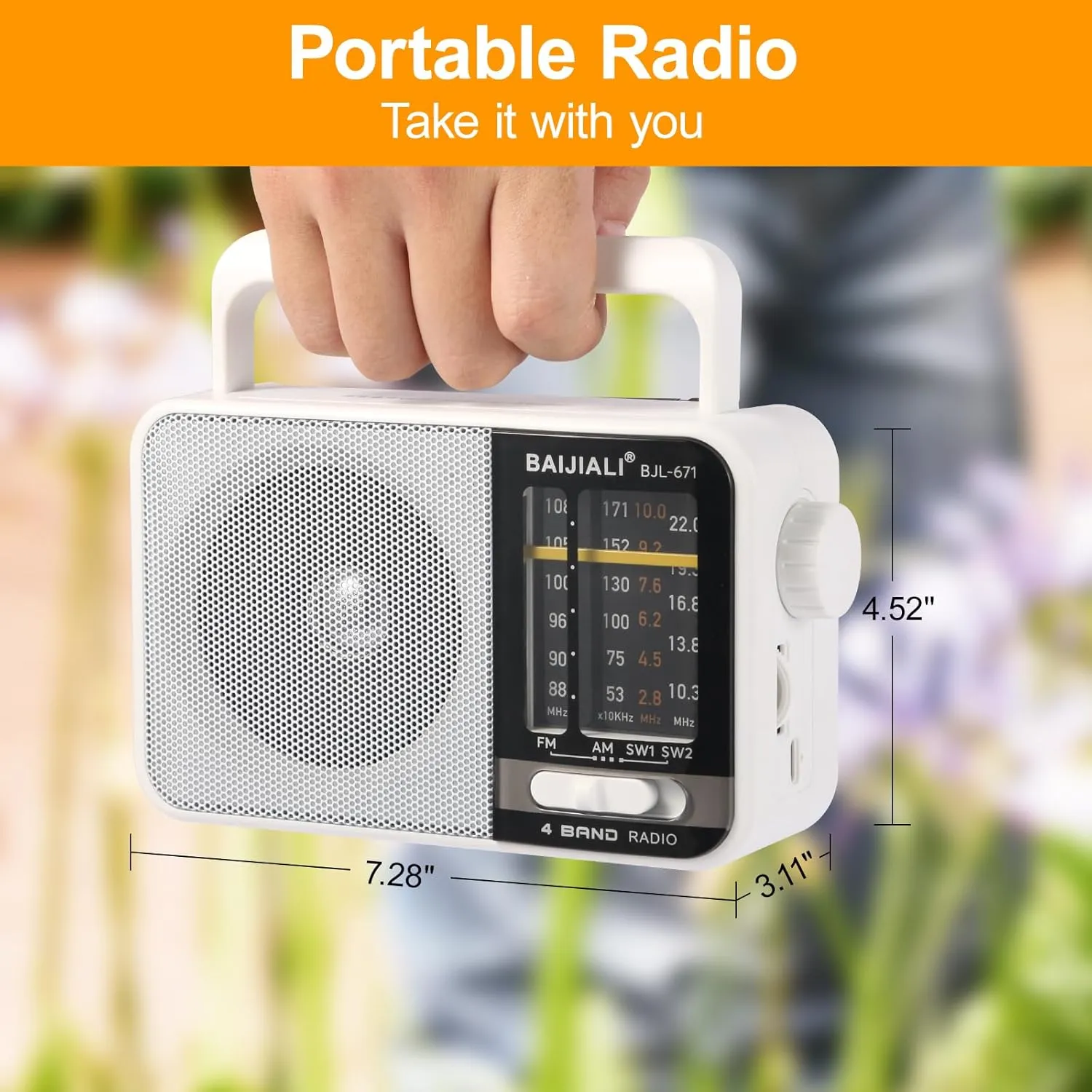AM FM SW Portable Radio - Dual Power (Battery/USB) Emergency Receiver with Loudspeaker, Transistor Design for Indoor/Outdoor, Travel & Survival Kit Ready (White, BJL-671)