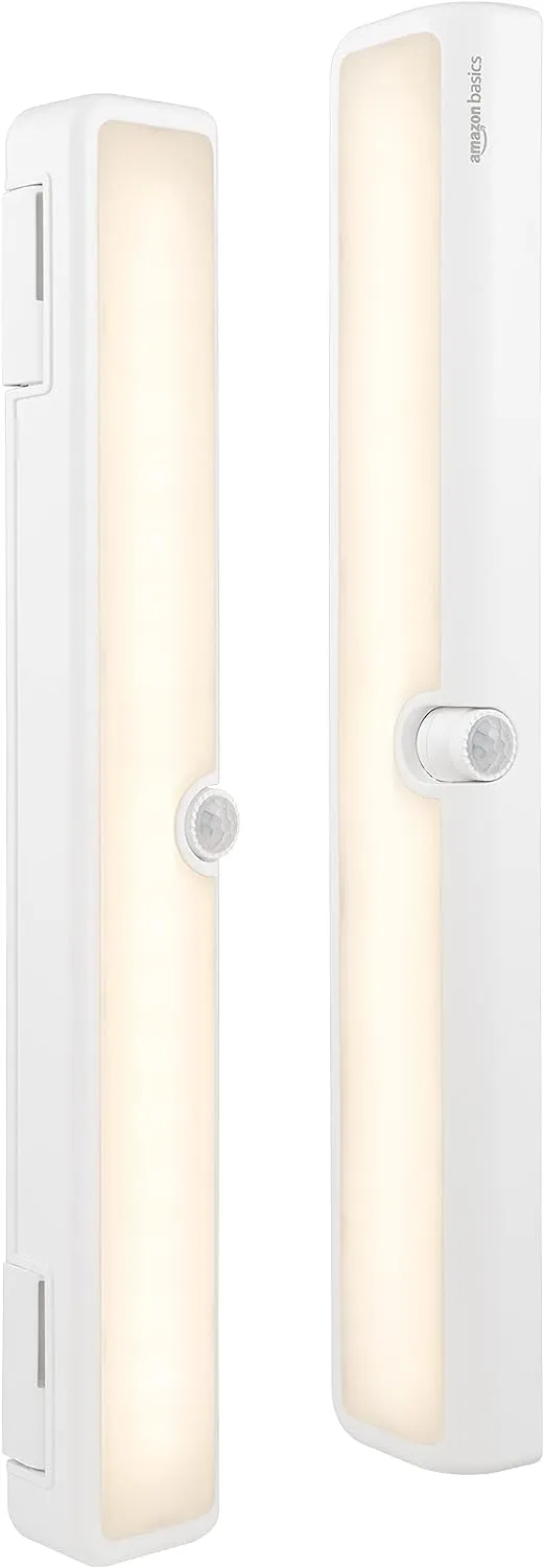 Amazon Basics LED USB/Battery Operated Light Bar, Swivel Motion Sensor, Stick on Lights, 250 Lumens, 12 Inches, Under Cabinet Lighting, Closet, Kitchen, 2 Pack, White