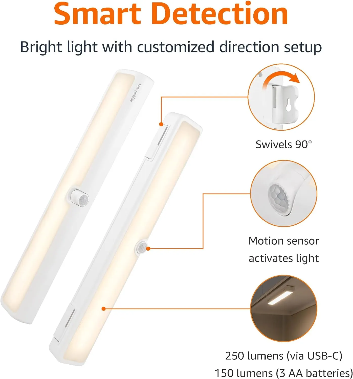 Amazon Basics LED USB/Battery Operated Light Bar, Swivel Motion Sensor, Stick on Lights, 250 Lumens, 12 Inches, Under Cabinet Lighting, Closet, Kitchen, 2 Pack, White
