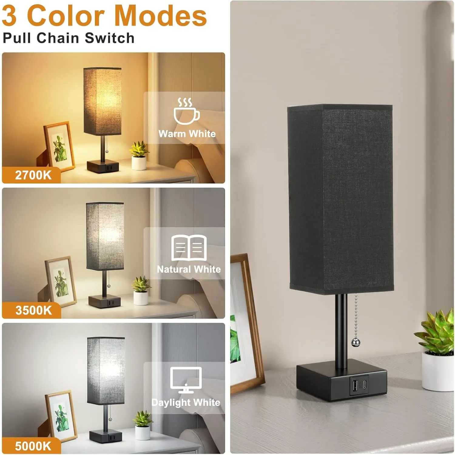 aooshine Black Bedside Table Lamp for Bedroom - 3 Color Modes, USB C A Ports, Pull Chain Control, LED Bulb Included